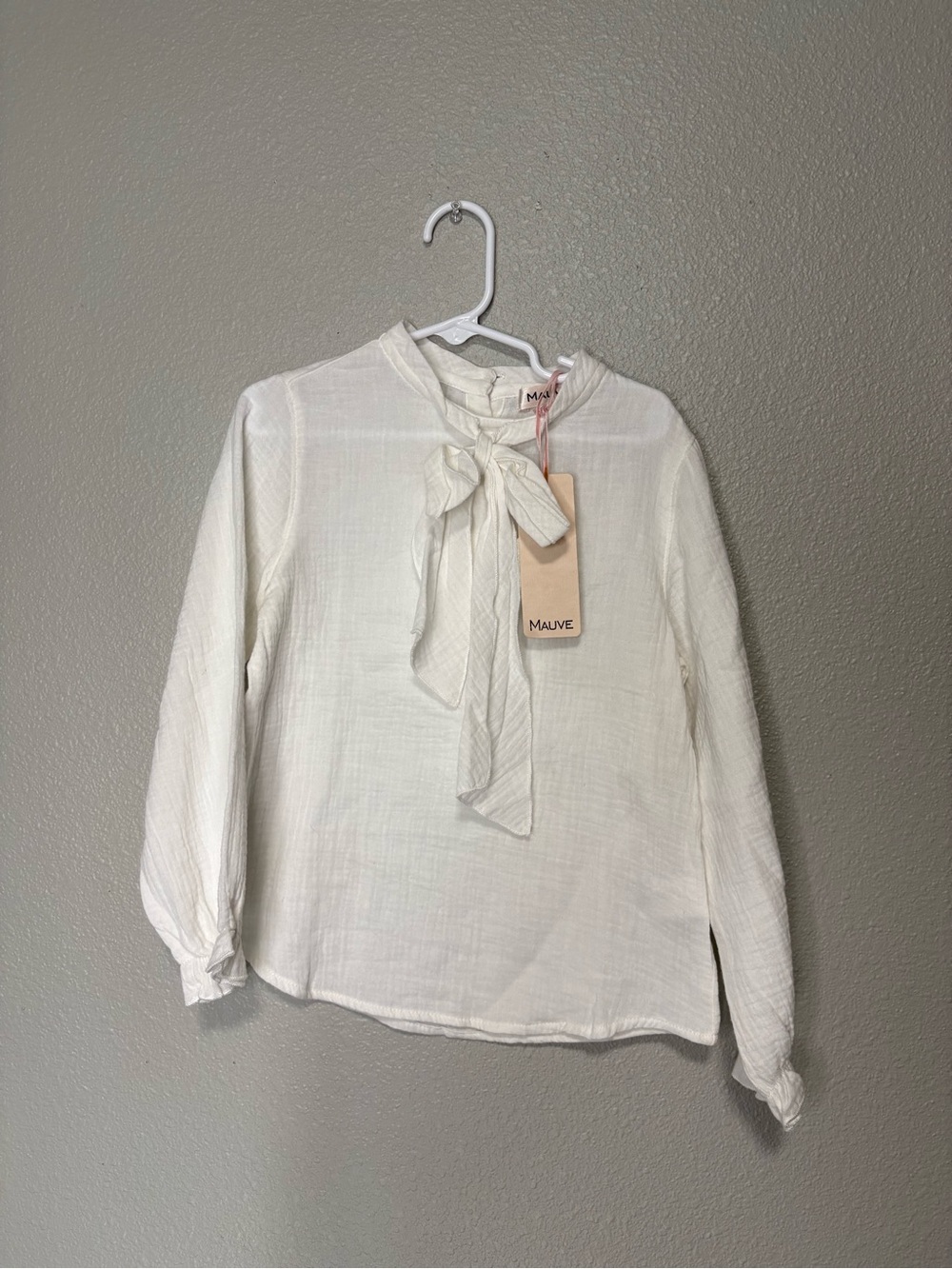 Mauve Girls White Tie-Neck Blouse NWT Size 7 100% Cotton